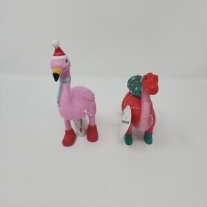 Santa Hat Christmas Red Dinosaur & Flamingo Figurines